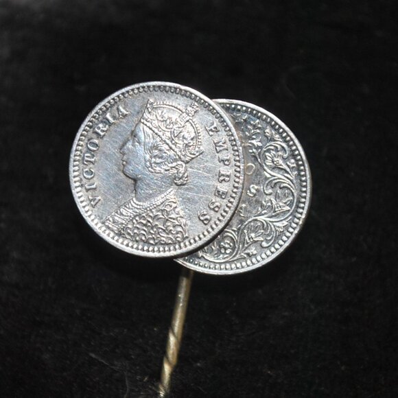 Antique Double British Rupee Silver Coins Stick Pin Queen Victoria